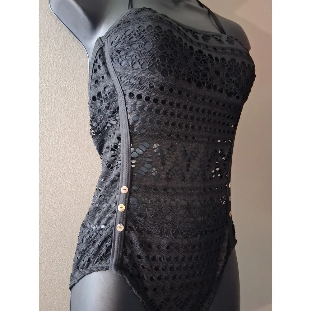 Black Crochet Lace Halter‎ One Piece Swimsuit with Side Button Accents Womens
